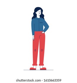Cartoon smiling young woman wearing casual. Full body of modern female character flat vector illustration. Fashion, style, people concept for banner, website design or landing web page