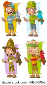 Cartoon smiling young zoo workers with parrot characters vector set