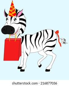 cartoon smiling zebra with happy birthday gift