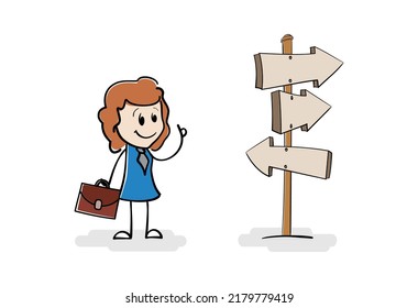 Cartoon smilling businesswoman on crossroad looking for right way forward to future. Woman stand in front of a choice. Woman having to choose between different choices. Concept of success and career.