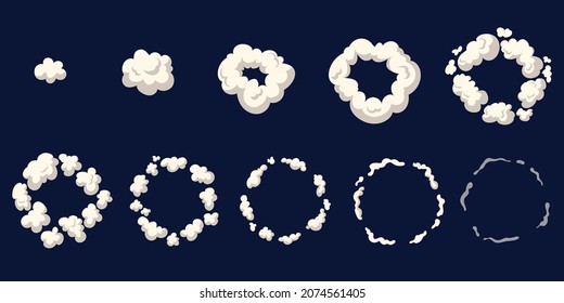 Cartoon smoke animation. Animated cloud explosion dust, sprite frame sheet exhaust gas, blast boom motion effect for game, explode bomb puff, comic bang, cartoon vector. Illustration of explode motion