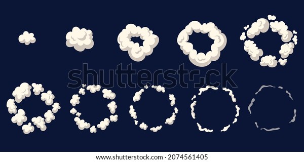 Cartoon smoke animation. Animated cloud explosion\
dust, sprite frame sheet exhaust gas, blast boom motion effect for\
game, explode bomb puff, comic bang, cartoon vector. Illustration\
of explode motion