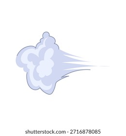 Nuvem de fumaça de desenhos animados soprando lateralmente, criando um efeito de velocidade ou trilha de movimento, representando aceleração rápida, ação dinâmica ou forte impacto em um fundo branco claro