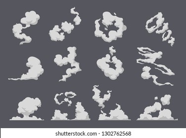 Cartoon Smoke Cloud. Comic Steam Explosion Dust Fight Animation Fog Movement Smog Motion Game Smoke. Vector Gas Blast Set