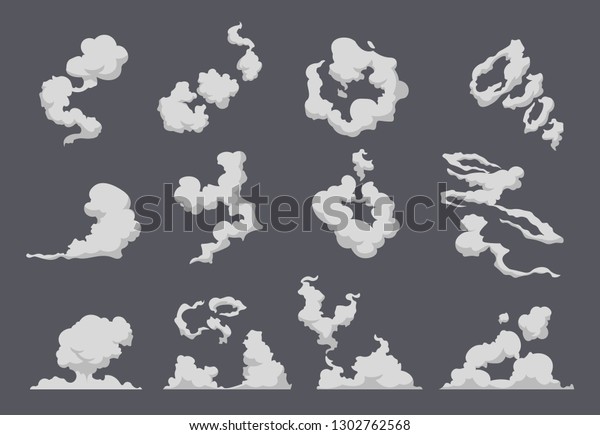 Cartoon smoke cloud. Comic steam explosion dust fight\
animation fog movement smog motion game smoke. Vector gas blast\
set