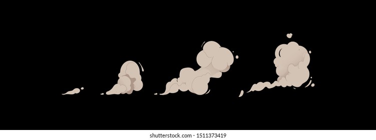 Cartoon Smoke Cloud Set Isolated On Black Background, Animation Frame With Speed Motion Trail In Comic Book Style, Explosion Sign Flat Vector Illustration