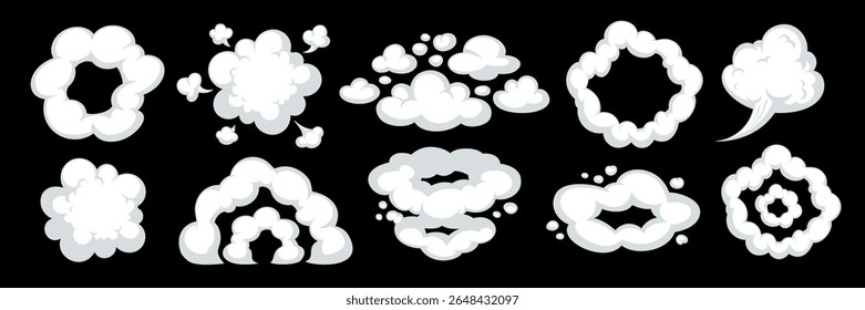 Nuvem de fumaça de desenhos animados com efeitos de trilha em estilo de movimento dinâmico no fundo preto. Fumaça e vetor de nuvens em desenhos animados. Excelente para animação, jogos e cenas gráficas