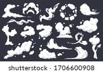 Cartoon smoke clouds. Comic smoke flows, dust, smog and smoke steaming cloud silhouettes isolated vector illustration set. Wind silhouette steaming, smoke explosion, comic cloud collection