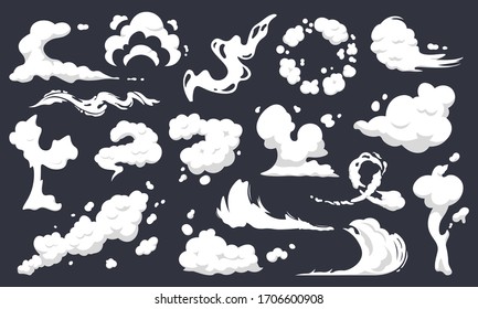 Cartoon smoke clouds. Comic smoke flows, dust, smog and smoke steaming cloud silhouettes isolated vector illustration set. Wind silhouette steaming, smoke explosion, comic cloud collection
