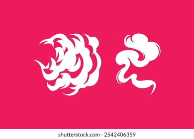 Nuvens de fumaça de desenhos animados. Fluxos de fumaça cômicas, poeira, fumaça e fumaça fumegante silhuetas de nuvem conjunto de ilustração. Silhueta de vento vapor, explosão de fumaça, coleção de nuvens cômicas