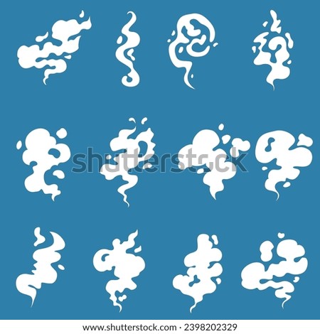Cartoon smoke clouds. Comic smoke flows, dust, smog and smoke steaming cloud silhouettes. Smell clouds. Smoke from vapour or food toxic smell