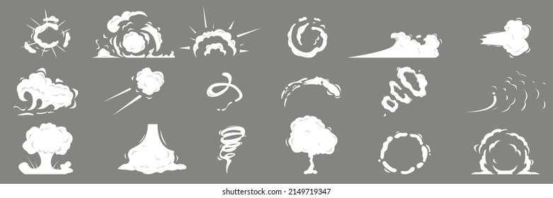 Cartoon smoke clouds. Steam clouds, mist, fume, fog, dust, explosion, wind silhouette steaming, smoke explosion, comic cloud collection. Clipart element for animation