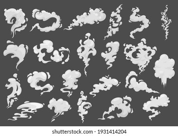 Cartoon smoke clouds, vector white aroma or toxic steaming vapour, dust steam. Design elements, flow mist or smoky chemical steam isolated on grey background. Comic boom steaming effect icons set