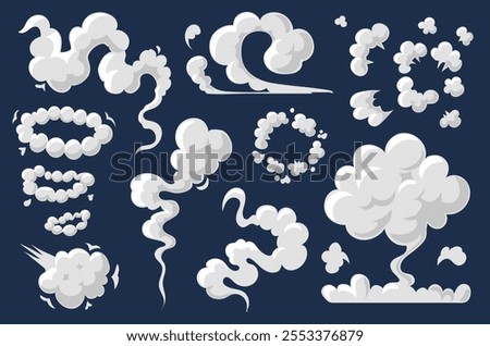 Cartoon smoke clouds, white aroma steam, toxic steaming vapour, dust elements. Explosion smoky elements.. Flow mist or chemical steam. Comic boom steaming effect icons set