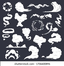 Cartoon smoke. Comic clouds, steaming smoke flows, steam explosion cloud. Dust, smog and smoke clouds isolated vector icons set. Explosion smoke white, motion puff cloud illustration