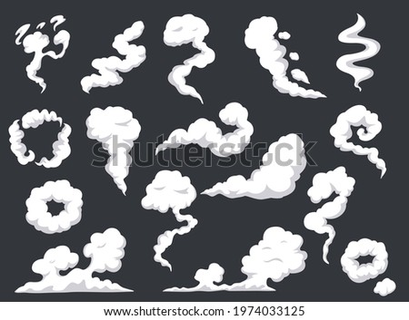Cartoon smoke. Comic steam cloud, mist, smog. Gas fumes blast, explosion dust. Fog and clouds burst, vapors or fumes explode effect vector set. Fume flow motion, curves and rings collection