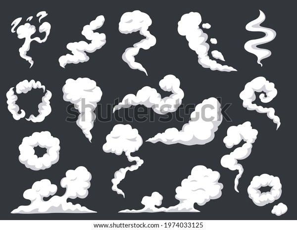 Cartoon smoke. Comic steam cloud, mist, smog.\
Gas fumes blast, explosion dust. Fog and clouds burst, vapors or\
fumes explode effect vector set. Fume flow motion, curves and rings\
collection