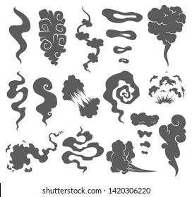 Cartoon Smoke And Dust Clouds. Comic Puff And Steam Vector Set. Comic White Stench Aroma Or Smell Illustration.