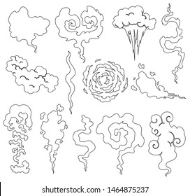 Cartoon smoke and dust clouds. Comic puff and steam vector set. Comic white stench aroma or smell illustration.