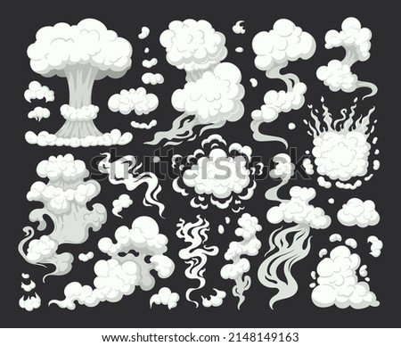 Cartoon smoke or dust clouds, puff comic smoke explosion elements. Steaming cloud flows, comic clouds silhouettes vector symbols illustrations set. Smog smell collection