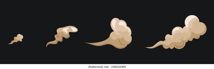 Cartoon smoke and dust clouds set. Dusty particles isolated. Dry sand flying. Vector illustration.