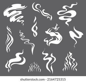 Efectos de humo de dibujos animados, olor a sabor a comida, aroma a vapor de café y té, nubes vectoriales. Espuma de humo y senderos para esmog de fuego, niebla blanca de aire plano o té caliente o taza de café efecto de calor y sabor al vapor