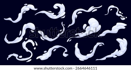 Cartoon smoke effects, hot coffee drink and tea steam, tasty food flavor. Vector good smell, aroma fume or vapor clouds, fog swirls, hot cup or kettle steam, grill and cigarette cartoon smoke effects