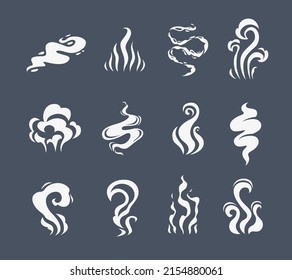 Cartoon smoke effects set. Coffee and tea steam, food flavor, smell and aroma. Vector white vapor of hot drinks and food, fire flame, cigarette or hookah smoke clouds, coffee cup or mug steam