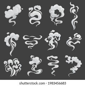 Cartoon smoke flows, steam explosion, smog and smoke clouds, vector icons. Fog smoke, mist steam clouds white smog effect, spooky dust explosion of gas, vapor or smoky toxic air splash