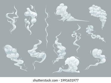 Humo de dibujos animados, niebla y nubes de vectores de historieta al vapor, humo de fuego y humo de cigarrillos. Pista de movimiento rápido de polvo, vapor de niebla, gas o niebla tóxica, nubes de explosión de bombas y olas de polvo de auge