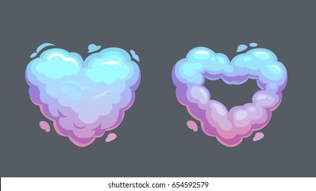 Cartoon smoke heart icons. Vector clouds illustration.