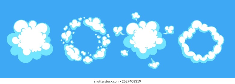 Elementos de nube de humo de dibujos animados y boom cómico sobre fondo azul brillante. Formas de soplo y nube, explosión de estilo cómico. Ideal para efectos de juego, medios infantiles, cómics, carteles.