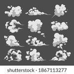 Cartoon smoke set. Smoking car motion clouds cooking smog smell. Steam smoke clouds of cigarettes or expired old food vector cooking cartoon icons.