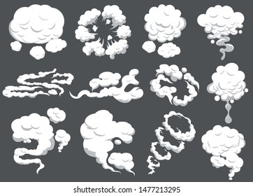 Cartoon smoke set. Smoking car motion clouds cooking smog smell. Explosion cloud. Vector