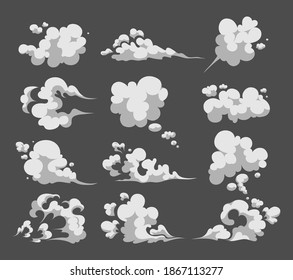 Cartoon smoke set. Smoking car motion clouds cooking smog smell. Steam smoke clouds of cigarettes or expired old food vector cooking cartoon icons.