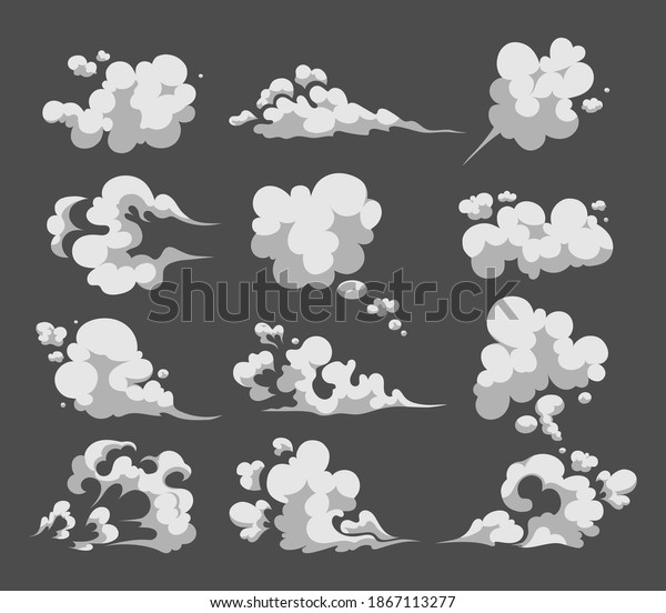 Cartoon smoke set. Smoking car motion\
clouds cooking smog smell. Steam smoke clouds of cigarettes or\
expired old food vector cooking cartoon\
icons.