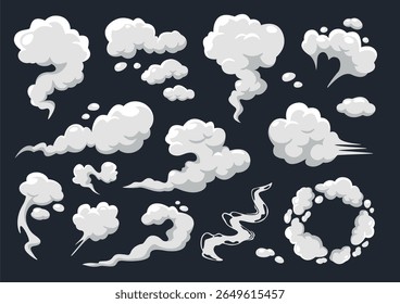 Cartoon smoke. Smoky puffs and swirls, smoking vapor steam trails, fog and dust clouds for explosions, magic animation effects, weather icons. Dramatic dynamic motion. Comic book explosion vector set.