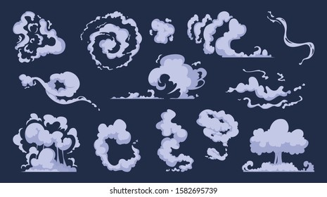 Cartoon Smoke. Vfx Comic Bang Clouds Explosion Of Bomb Speed Storm Motion Wind Vector Art Collection