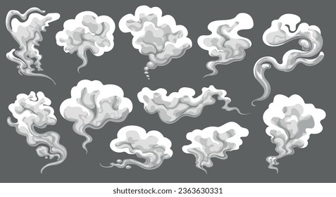 Cartoon smoke white cloud set. Collection of fog smog pollution dust weather grey athmosphere cloudy graphic elements isolated vector illustration