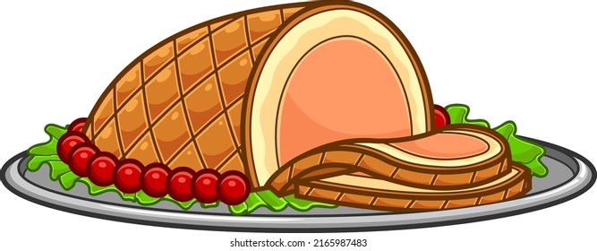 Cartoon Smoked Pork Or Meat Ham Sliced With Decoration On Tray. Vector Hand Drawn Illustration Isolated On White Background