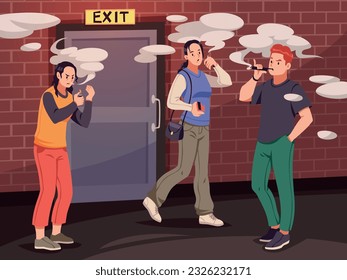 Cartoon smokers at exit. Working smoke break process, people with cigarette and vape, persons with nicotine addiction, bad habit, unhealthy lifestyle, smoking area, tidy vector concept