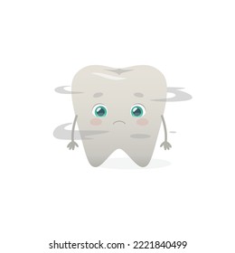 Cartoon smokers tooth with sad face. Smokers dental problem. Cute tooth with dark enamel in smoke.