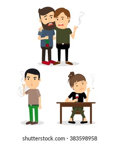 Cartoon Smoking Characters With Cigarettes. Sitting And Standing Smoking People Icons. Vector Illustration