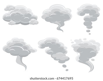 Cartoon smoking clouds and comic cumulus cloud vector collection. Air cloud cartoon cumulonimbus illustration