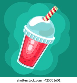 Cartoon smoothie to go cup with different fruits smoothies cocktail drink. Natural bio drink, healthy organic food. Vector illustration in flat style