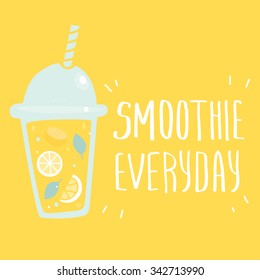 Cartoon smoothie to go cup with fruits cocktail drink. Vector illustration in flat style 