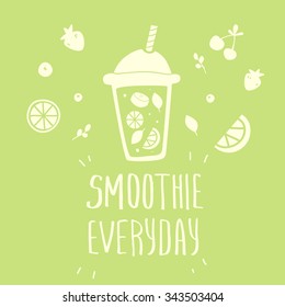 Cartoon Smoothie To Go Cup With Fruits Cocktail Drink. Vector Illustration In Flat Style