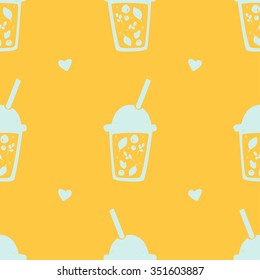 Cartoon smoothie to go cup with fruits cocktail drink. Vector seamless pattern in flat style