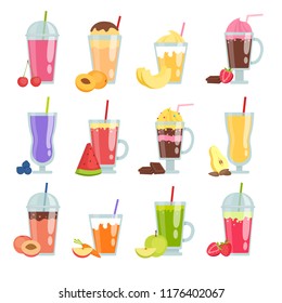 Cartoon smoothie. Various summer drinks smoothie. Vector fresh juice blueberry and carrot illustration