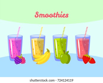 Cartoon smoothies. Berry banana apple and strawberry. Organic fruit shake smoothies. Vector illustration
